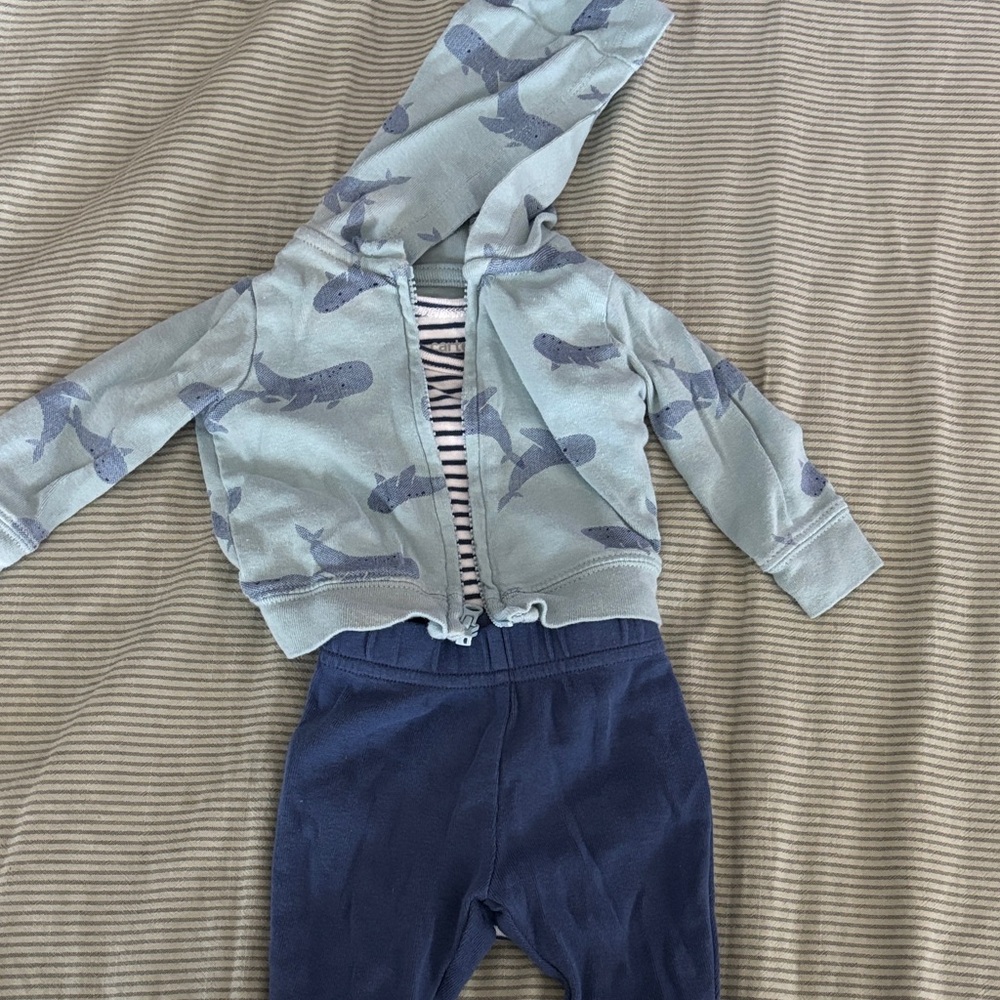 Whale Print Hoodie and Blue Pants Set, newborn